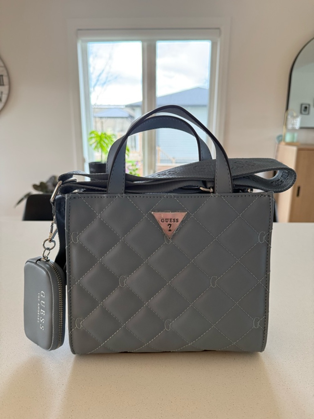 GUESS Quilted Gray Top-Handle Satchel with Pouch